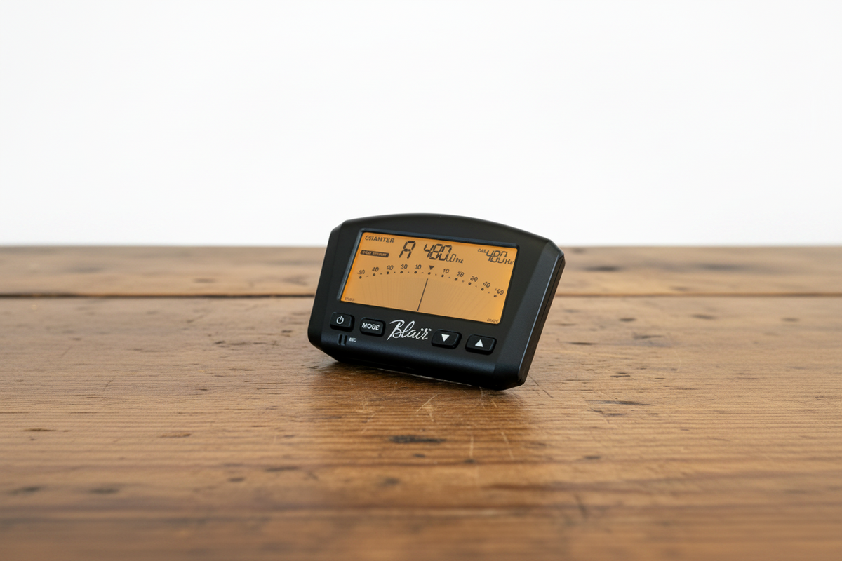 The Blair electronic bagpipe tuner with an orange display screen, resting on a rustic wooden tabletop against a white background.